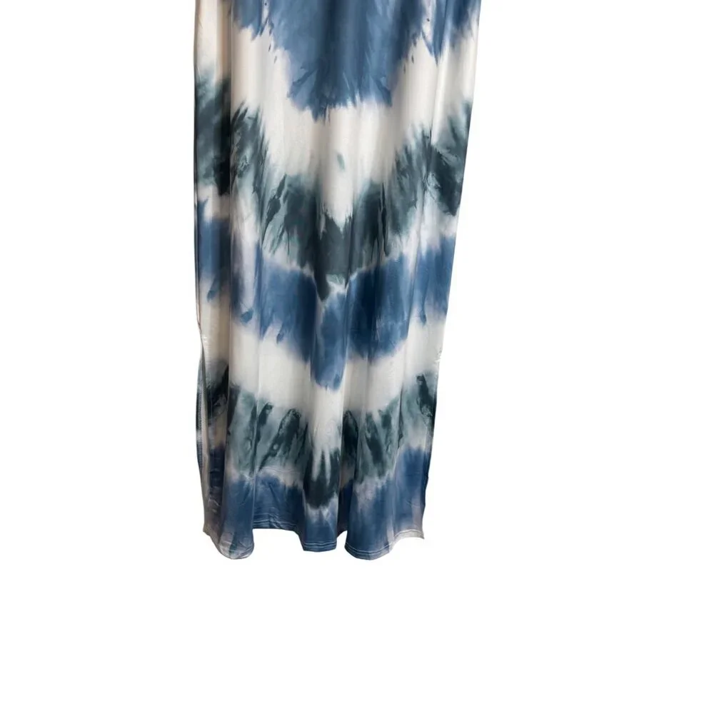 Boho M Tie-Dye Blue Beach Swim Coverup Maxi Dress V-Neck Short Sleeve Blue/White